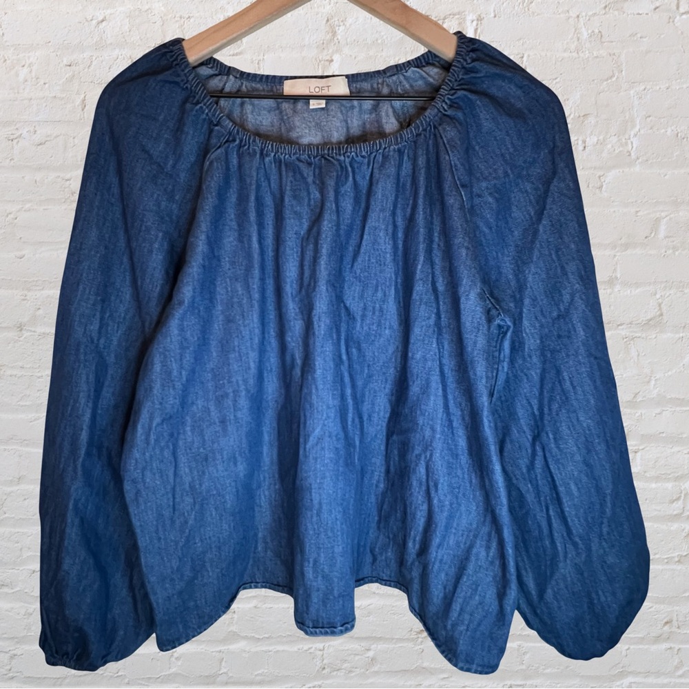 LOFT Denim Blouse Gathered Neckline with Elastic 3/4 Sleeve 100% Cotton, Size S